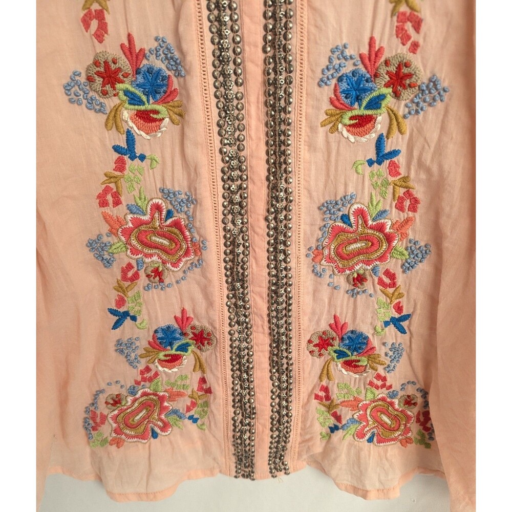 Soft Surroundings Colorful Embroidery &  Beads Blouse Top Sz XL Peach Button Up - Picture 4 of 9